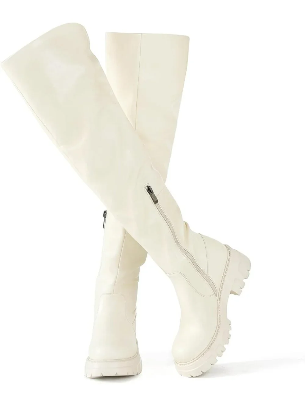 Women's Beige Platform Slouch Lug Sole Low Chunky Heel Over The Knee High Boots